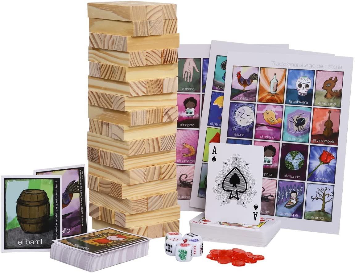 Novelty, juego tradicional 3 en 1. Poker, Loteria, Jenga para Toda la Familia, Nuevo 
