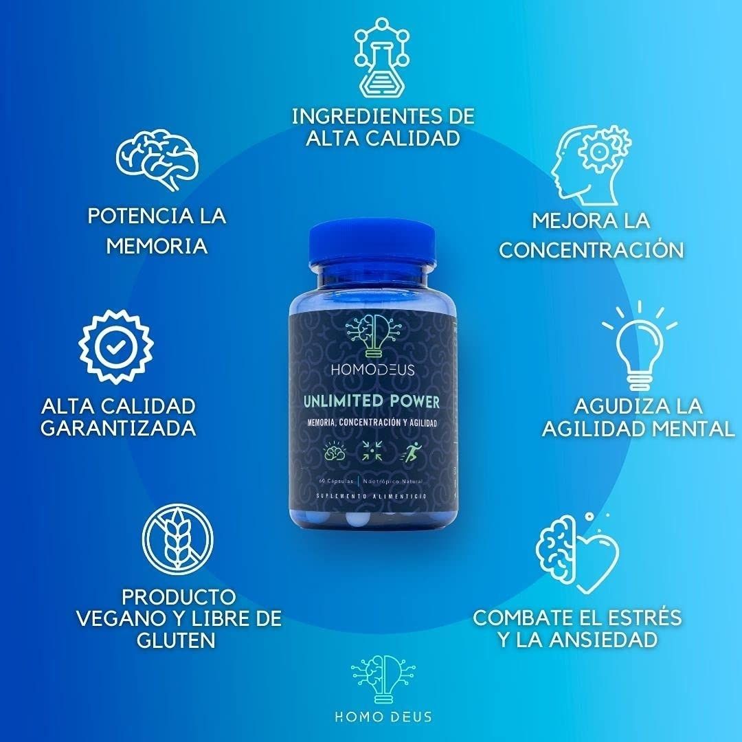HomoDeus Suplemento Natural para Concentración, Memoria y Agilidad Mental; Nootrópico con Hongo de Melena de León Científicamente Formulado para Cuidado del Cerebro: Claridad Mental, Potenciador de Energía, Anti Estrés y Ansiedad. Suplemento Herbal para Buena Salud Mental.