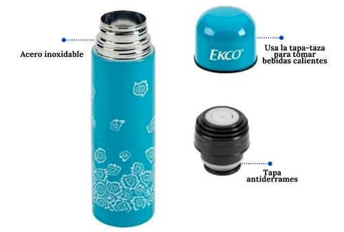 Ekco Termo Color Azul Capacidad de 500 ml de Acero inoxidable con tapa  Antiderrame.