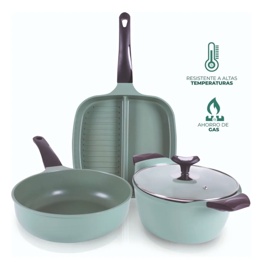 Set Jade 3 Pzas Sartén Cuadrado 27cm Ollas 20y 24cm Con Tapa