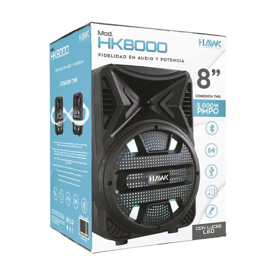 Bocina Portátil Hawk HK8000 De 8 Pulgadas Conexión TWS - Negro