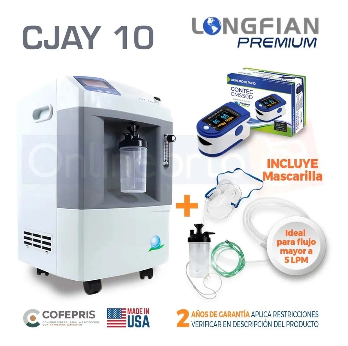 Concentrador De Oxigeno 10 Litros Longfian + Oximetro