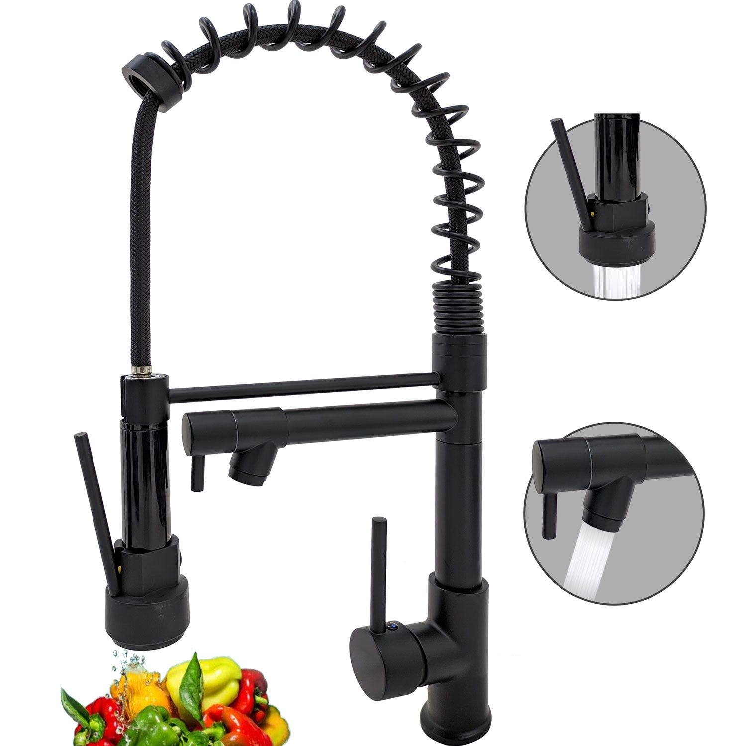 Grifo Mezclador de Cocina Monomando Fregadero Llave Giratoria Manguera Expandible Negro