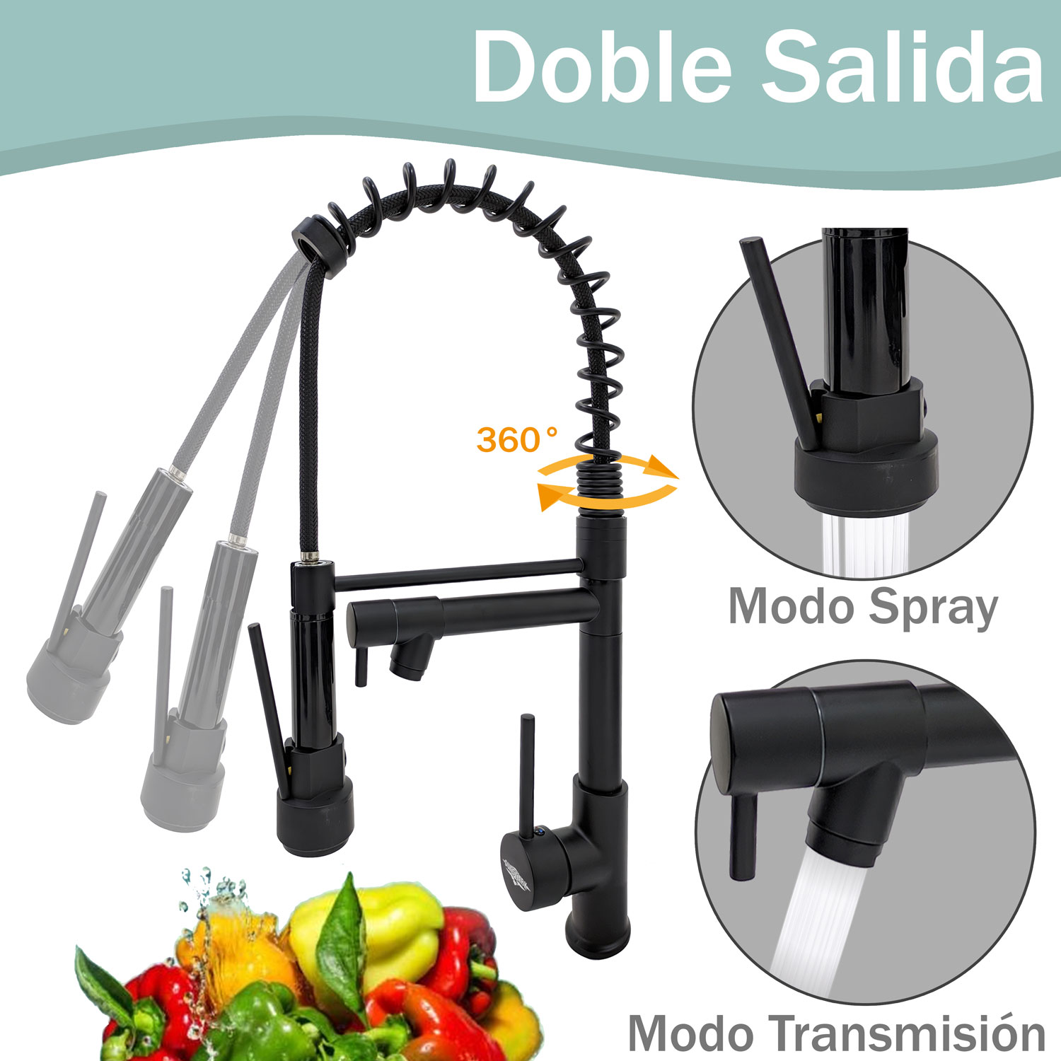 Grifo Mezclador de Cocina Monomando Fregadero Llave Giratoria Manguera Expandible Negro