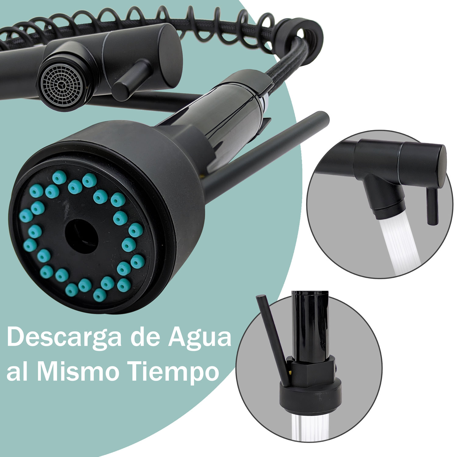 Grifo Mezclador de Cocina Monomando Fregadero Llave Giratoria Manguera Expandible Negro