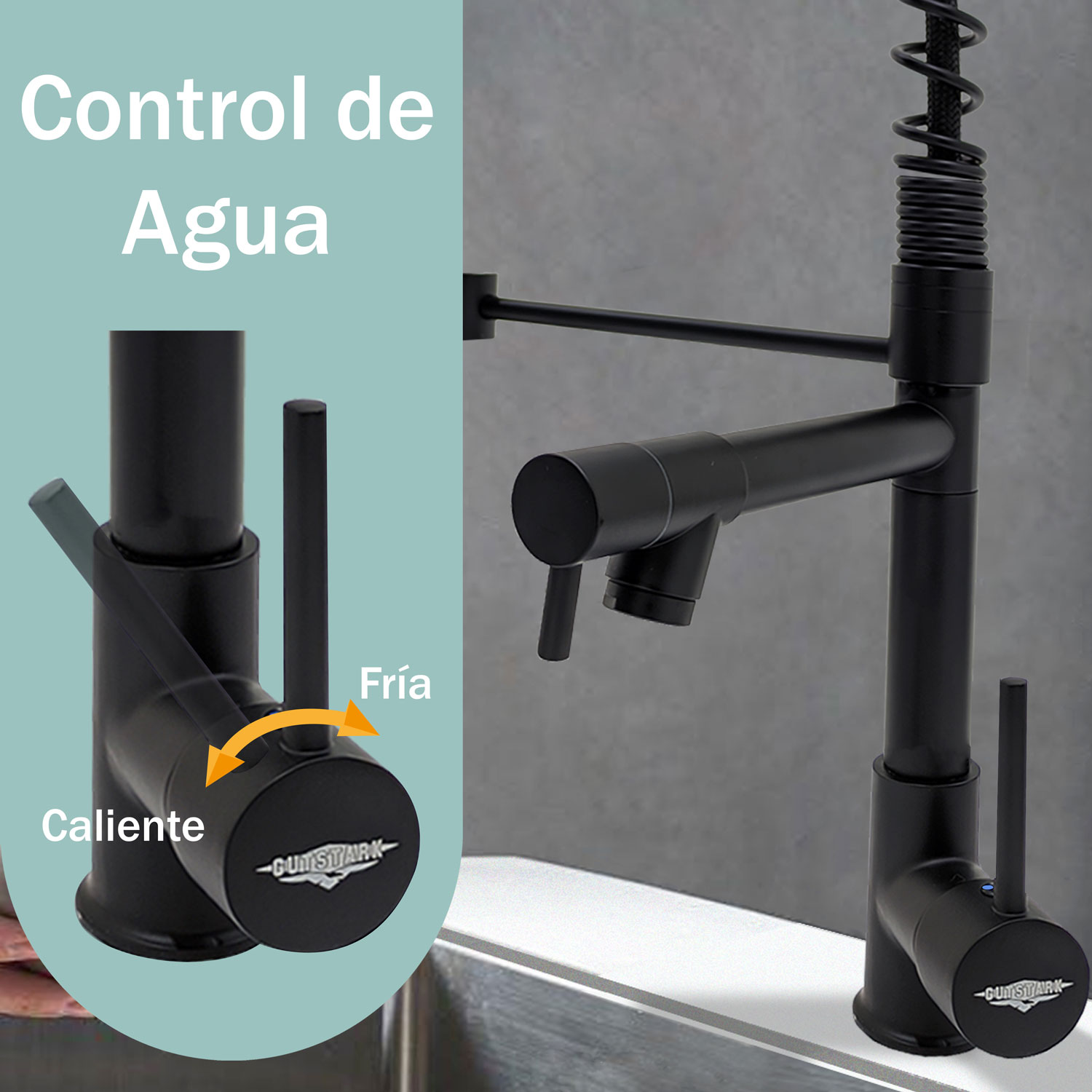 Grifo Mezclador de Cocina Monomando Fregadero Llave Giratoria Manguera Expandible Negro