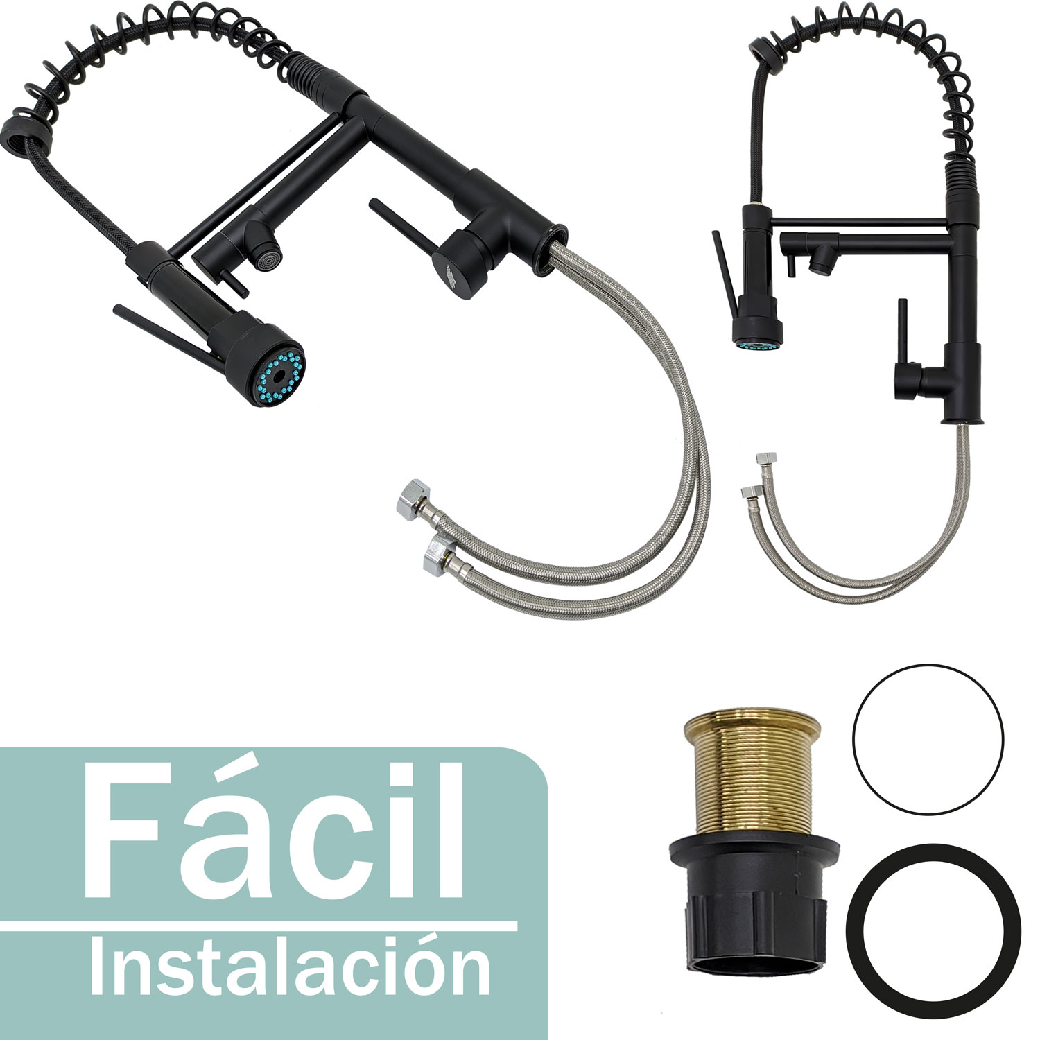 Grifo Mezclador de Cocina Monomando Fregadero Llave Giratoria Manguera Expandible Negro