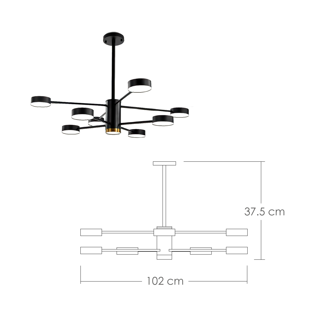 Lampara de techo estilo industrial hierro forjado negro con dorado lampara downlight 8+1 luces