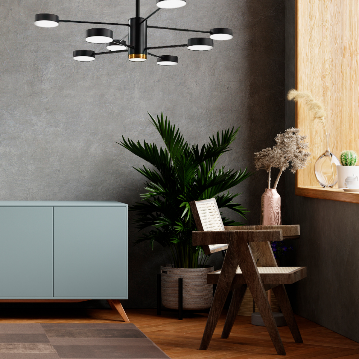 Lampara de techo estilo industrial hierro forjado negro con dorado lampara downlight 8+1 luces