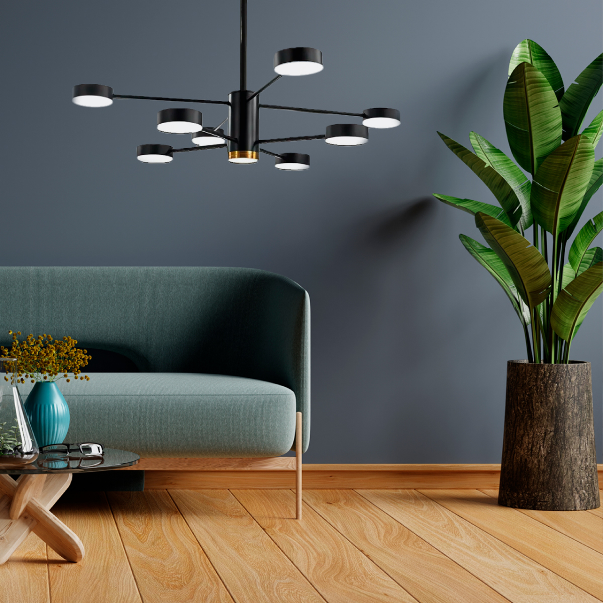 Lampara de techo estilo industrial hierro forjado negro con dorado lampara downlight 8+1 luces