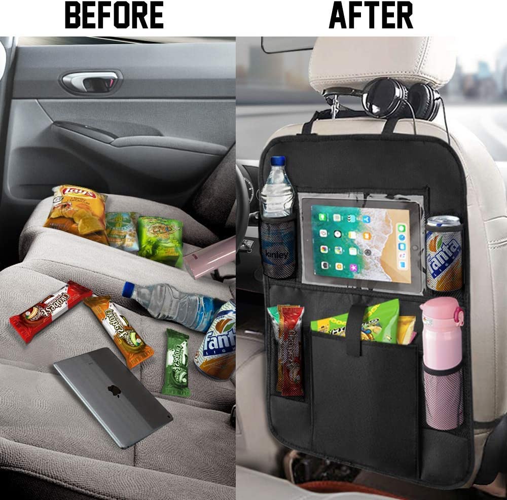 Organizador de auto para asiento, tamaño universal, organizador de viajes para niño, ipad, bebidas, Protege los Asientos y Mantiene el Coche Organizado, Nailon Negro
