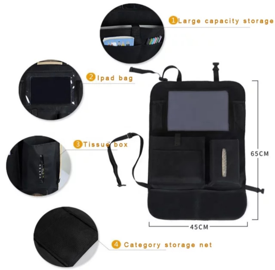 Organizador de auto para asiento, tamaño universal, organizador de viajes para niño, ipad, bebidas, Protege los Asientos y Mantiene el Coche Organizado, Nailon Negro