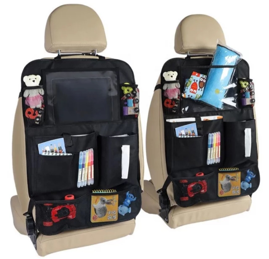 Organizador de auto para asiento, tamaño universal, organizador de viajes para niño, ipad, bebidas, Protege los Asientos y Mantiene el Coche Organizado, Nailon Negro