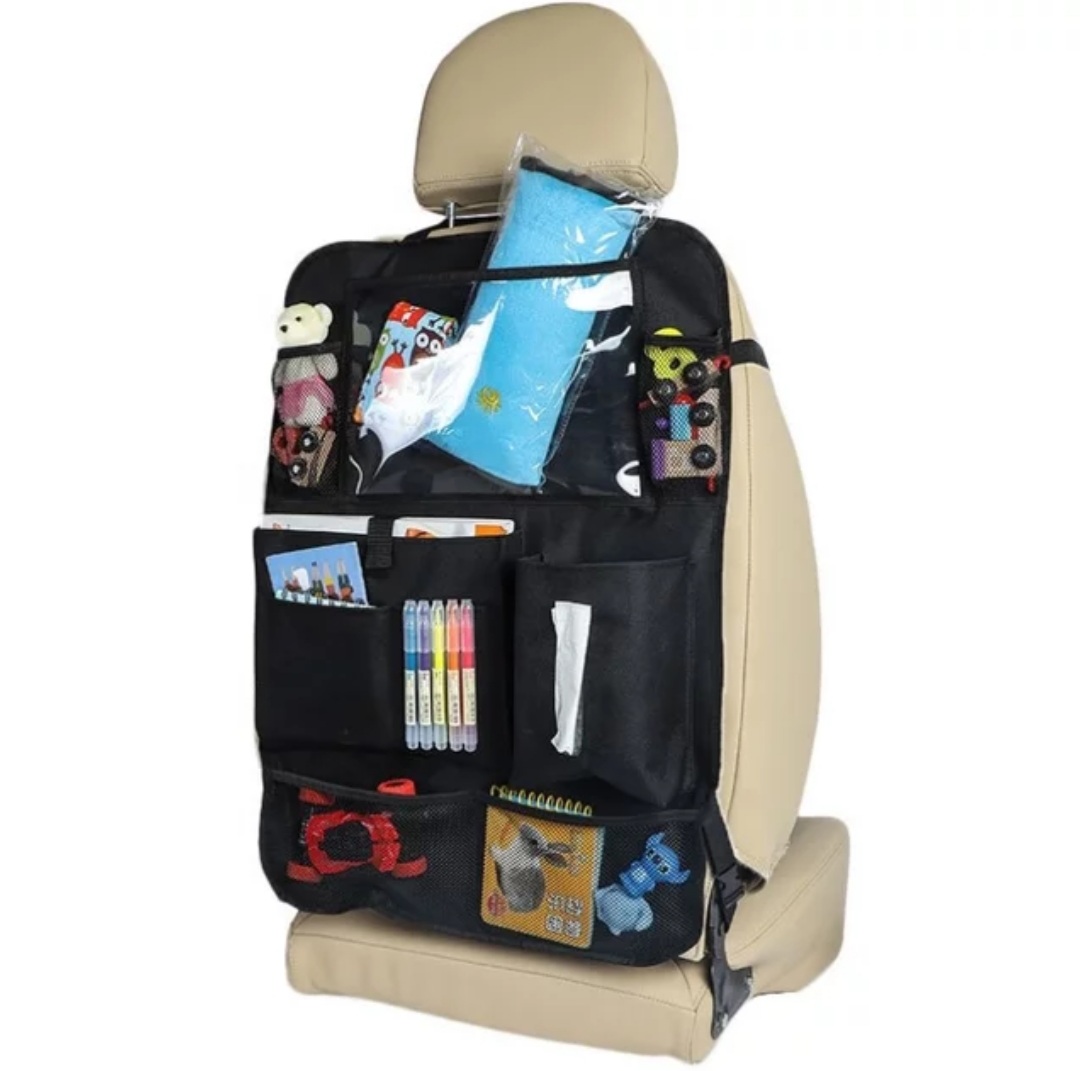 Organizador de auto para asiento, tamaño universal, organizador de viajes para niño, ipad, bebidas, Protege los Asientos y Mantiene el Coche Organizado, Nailon Negro