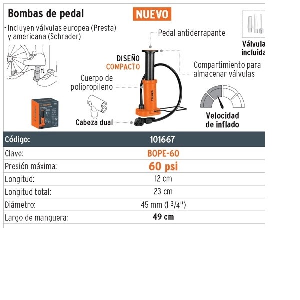 Bomba de Aire con pedal Truper BOPE-60 para inflar bicicletas balones Inflables pelotas llantas