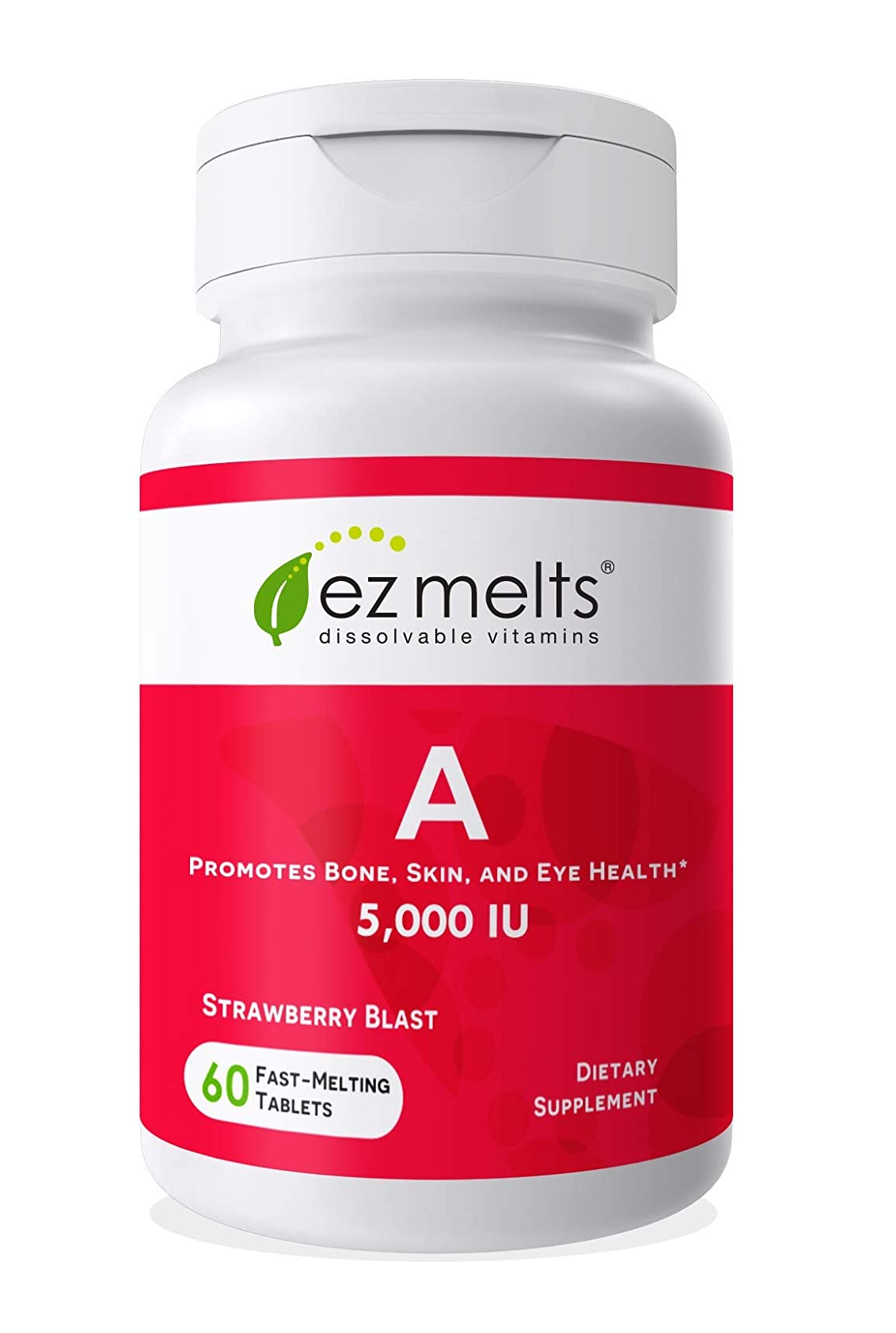 EZ Melts Vitamin A Sublinguales, Vegano, Cero Azúcar, Sabor Fresa Natural, 60 Tabletas 1.59 Onzas
