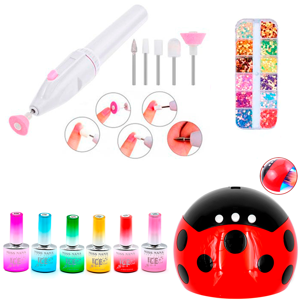 Kit de Manos Pulidor Esmeril de Uñas + Lampara Led + 6 Esmaltes + Piezas De Decoración Equipo Para Manicura Y Pedicura.