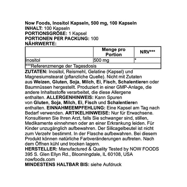 Inositol 500 mg Now Foods Myo Inositol para Salud Celular 100 Cápsulas Veganas