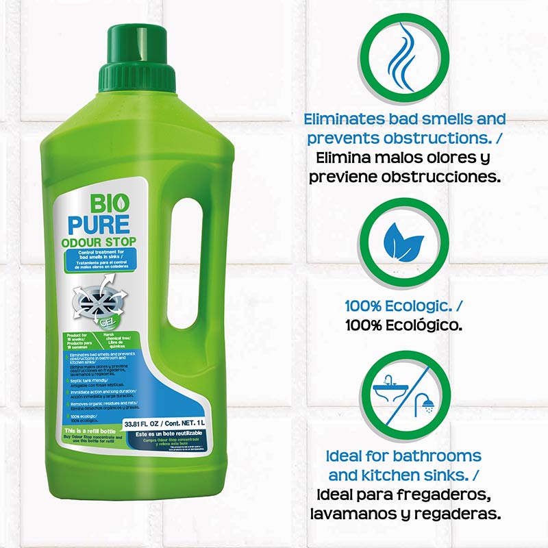 Tratamiento Contra Malos Olores En Tuberías Coladeras - Odour Stop -BIOPURE 1 Litro.