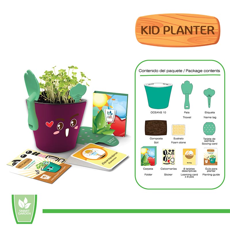 Kit educativo juguete didáctico para niños Aprendizaje de vocabulario inglés español, Germinación de plantas comestibles Maceta autorregable Kid planter SMART GARDEN Rouge No incluye semillas.