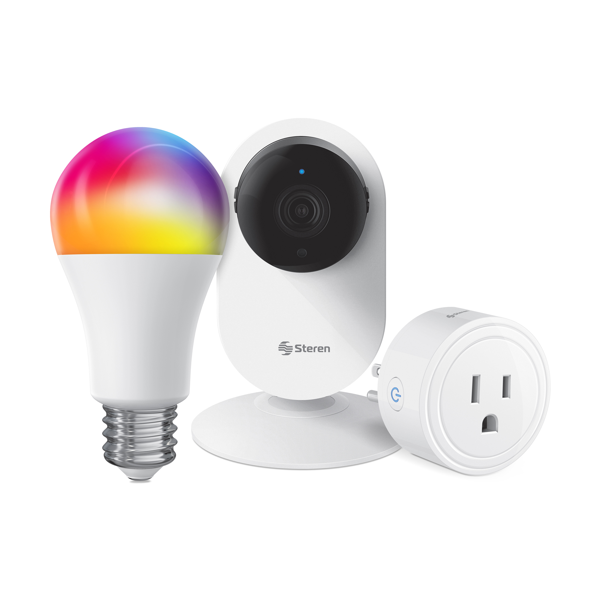 Combo Smart Home Steren CCTV-204, SHOME-100 y SHOME-120, Todo lo que Necesitas con una Cámara Wi-Fi, Foco Wi-Fi RGB 10 W y Contacto Wi-Fi