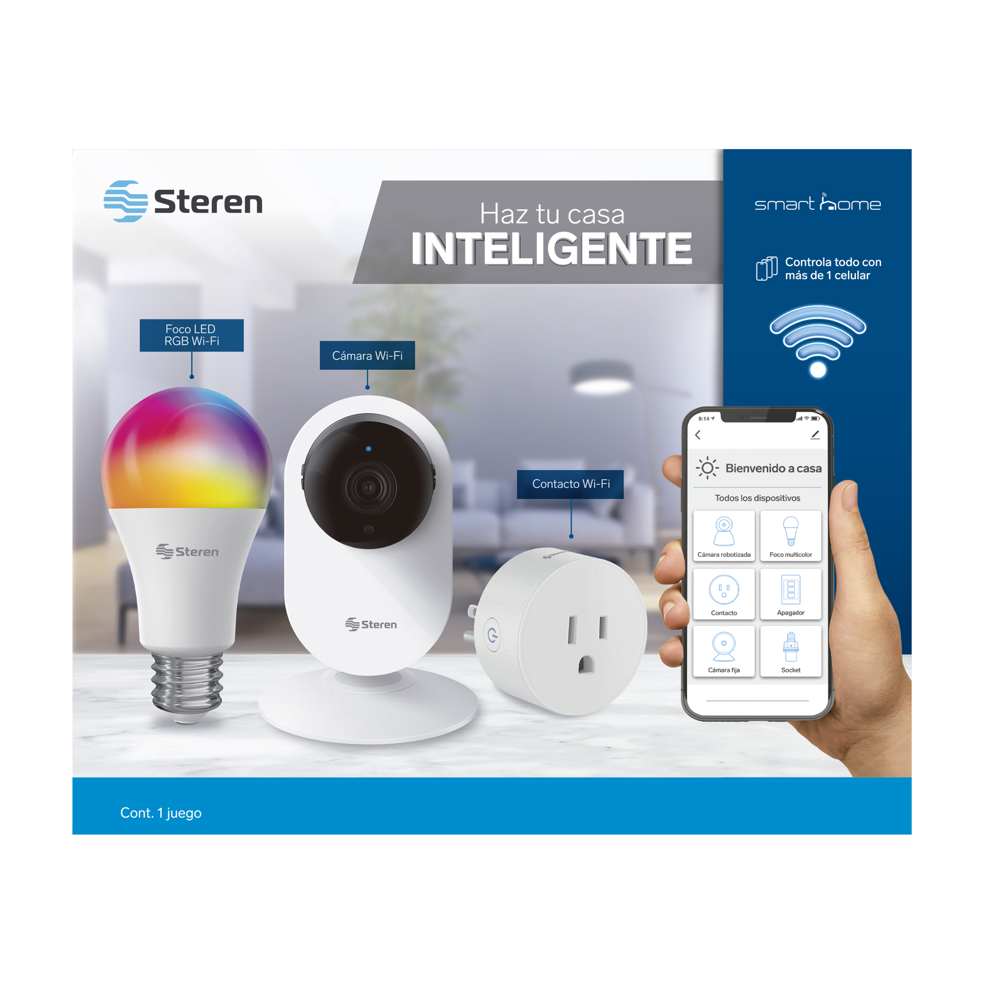 Combo Smart Home Steren CCTV-204, SHOME-100 y SHOME-120, Todo lo que Necesitas con una Cámara Wi-Fi, Foco Wi-Fi RGB 10 W y Contacto Wi-Fi