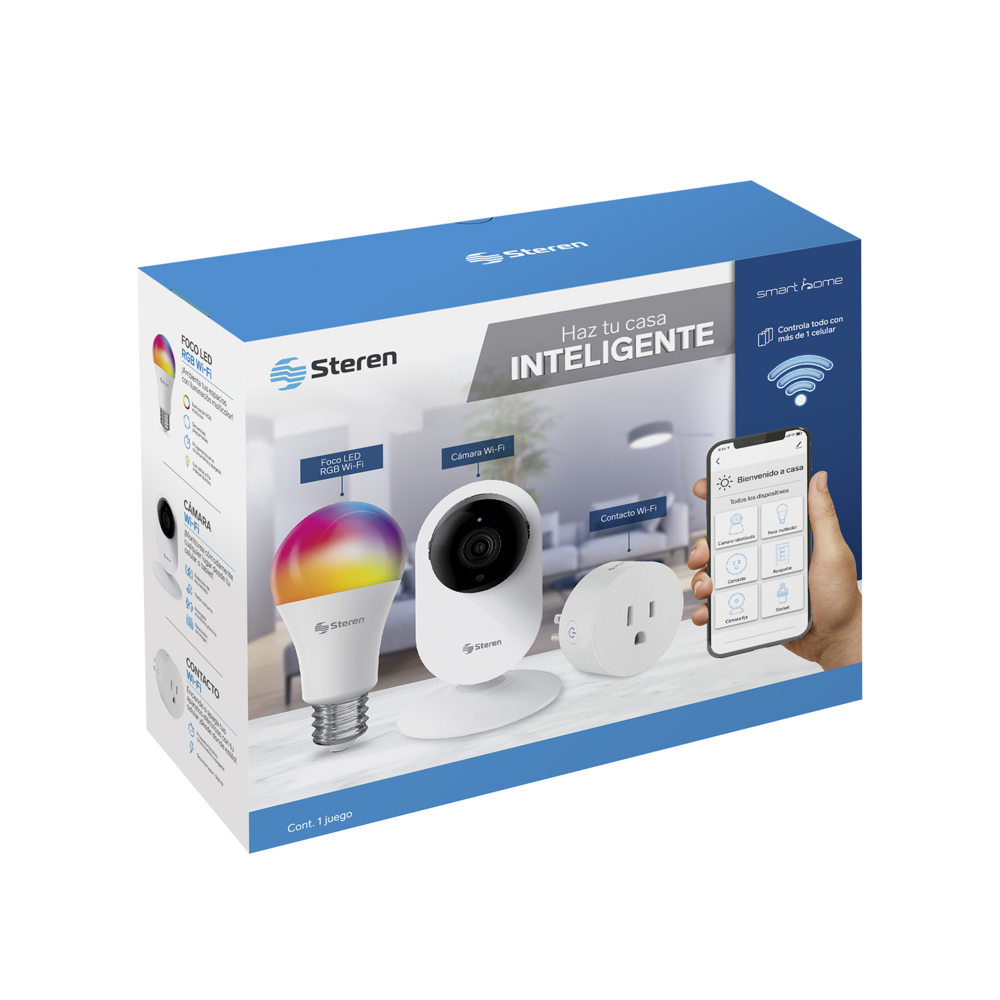 Combo Smart Home Steren CCTV-204, SHOME-100 y SHOME-120, Todo lo que Necesitas con una Cámara Wi-Fi, Foco Wi-Fi RGB 10 W y Contacto Wi-Fi