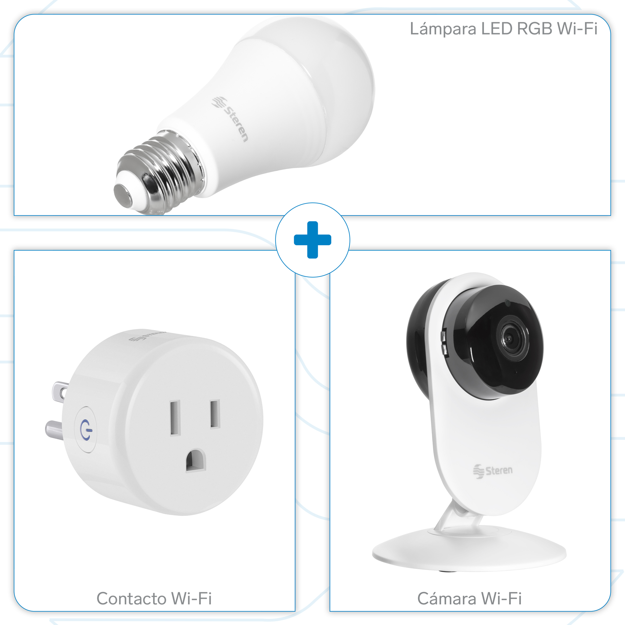 Combo Smart Home Steren CCTV-204, SHOME-100 y SHOME-120, Todo lo que Necesitas con una Cámara Wi-Fi, Foco Wi-Fi RGB 10 W y Contacto Wi-Fi