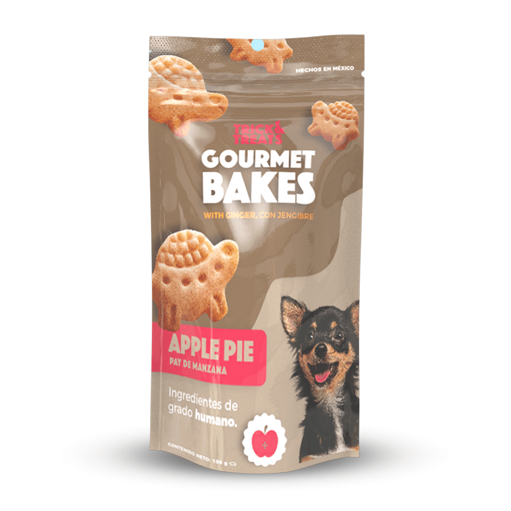 Premios para perro Gourmet Bakes Trick & Treats, ideales para consentir y entrenar. Para razas chicas y medianas. Galletas horneadas sabor Pay de manzana 150 g. Ingredientes grado humano.