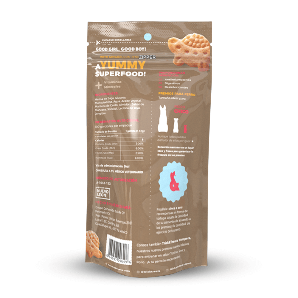 Premios para perro Gourmet Bakes Trick & Treats, ideales para consentir y entrenar. Para razas chicas y medianas. Galletas horneadas sabor Pay de manzana 150 g. Ingredientes grado humano.