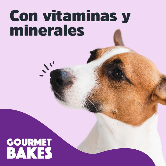 Premios para perro Gourmet Bakes Trick & Treats, ideales para consentir y entrenar. Para razas chicas y medianas. Galletas horneadas sabor Pay de manzana 150 g. Ingredientes grado humano.