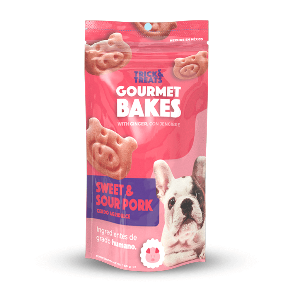 Premios para perro Gourmet Bakes Trick & Treats , ideales para consentir y entrenar. Para razas chicas y medianas. Galletas horneadas sabor Cerdo Agridulce 150 g. Ingredientes grado humano.