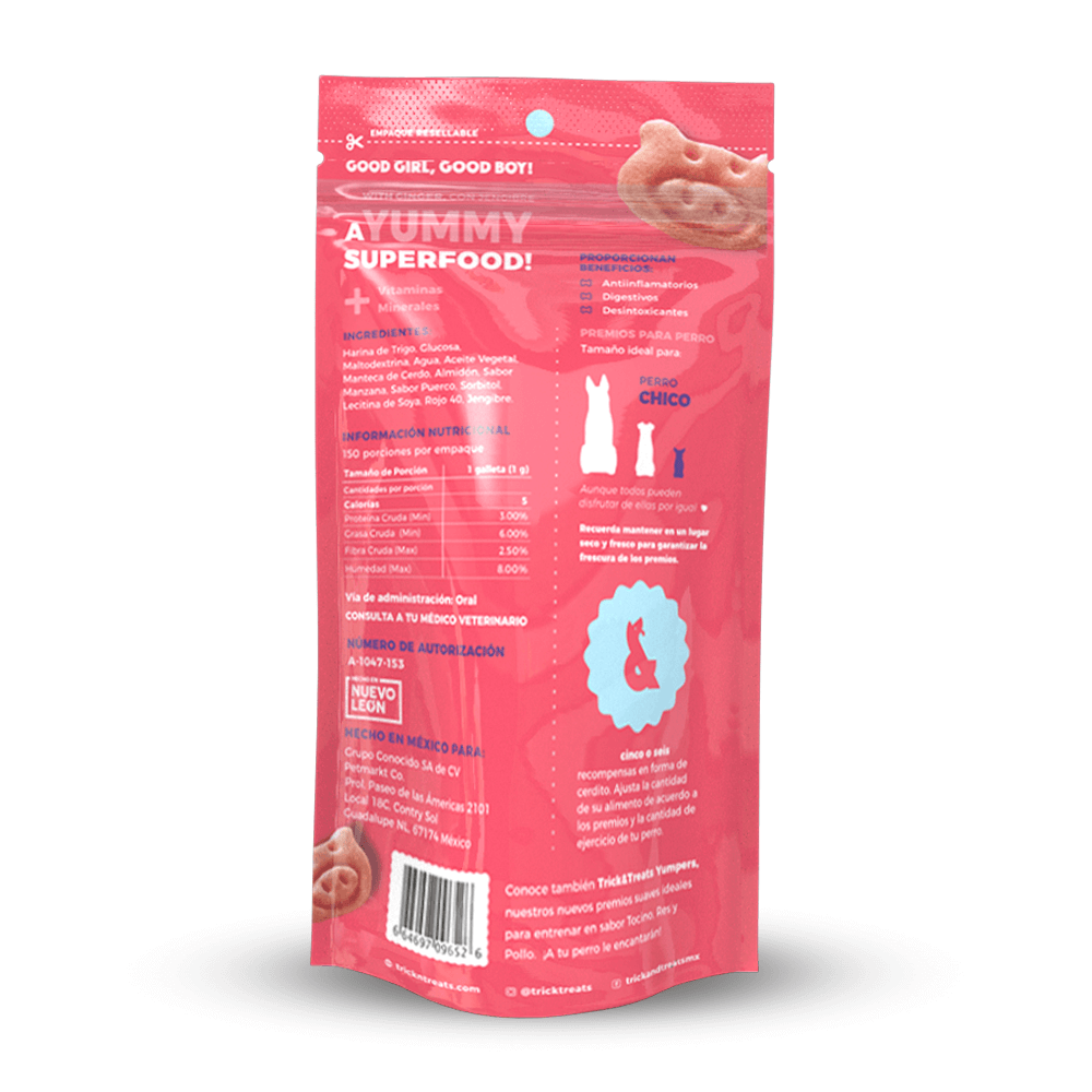 Premios para perro Gourmet Bakes Trick & Treats , ideales para consentir y entrenar. Para razas chicas y medianas. Galletas horneadas sabor Cerdo Agridulce 150 g. Ingredientes grado humano.