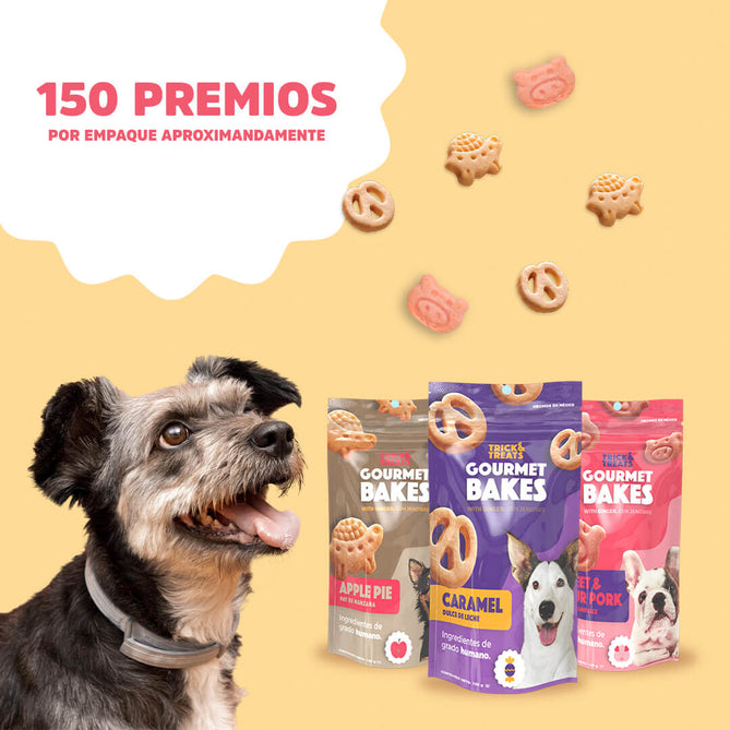 Premios para perro Gourmet Bakes Trick & Treats , ideales para consentir y entrenar. Para razas chicas y medianas. Galletas horneadas sabor Cerdo Agridulce 150 g. Ingredientes grado humano.