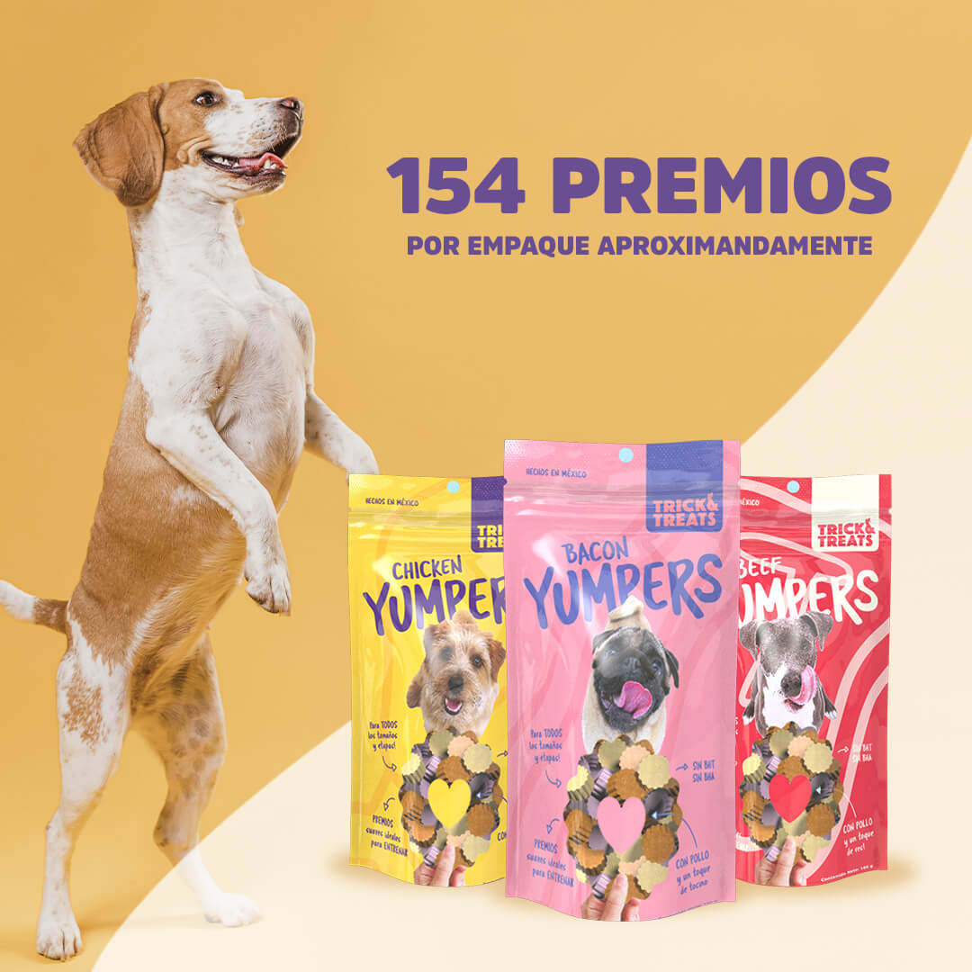 Premios para perro Yumpers Trick & Treats, premios suaves para consentir y entrenar. Para todas las razas. Sabor Pollo 100 g.