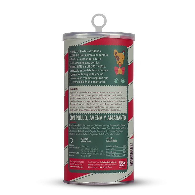 Premios para perro Churro Bites Un Dos Treats, Especial de Navidad. Premios suaves para consentir sabor Churro Mexicano. 155 g