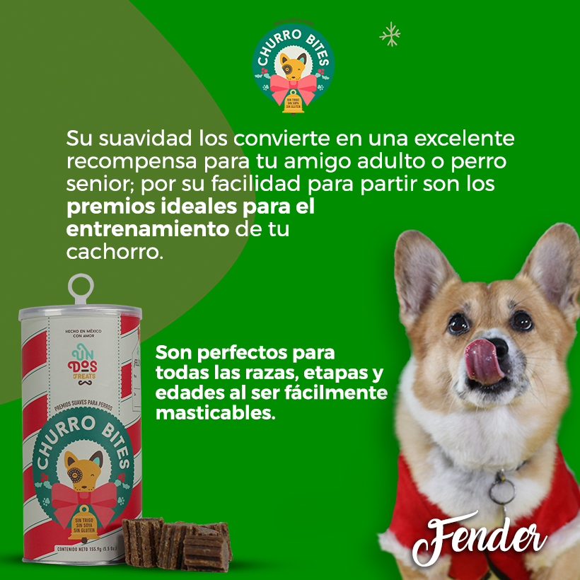 Premios para perro Churro Bites Un Dos Treats, Especial de Navidad. Premios suaves para consentir sabor Churro Mexicano. 155 g