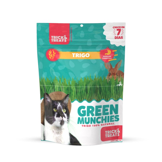Pasto de trigo para gatos Green Munchies Trick & Treats, 100% Natural para consentir y premiar a tu gato, 50 g.