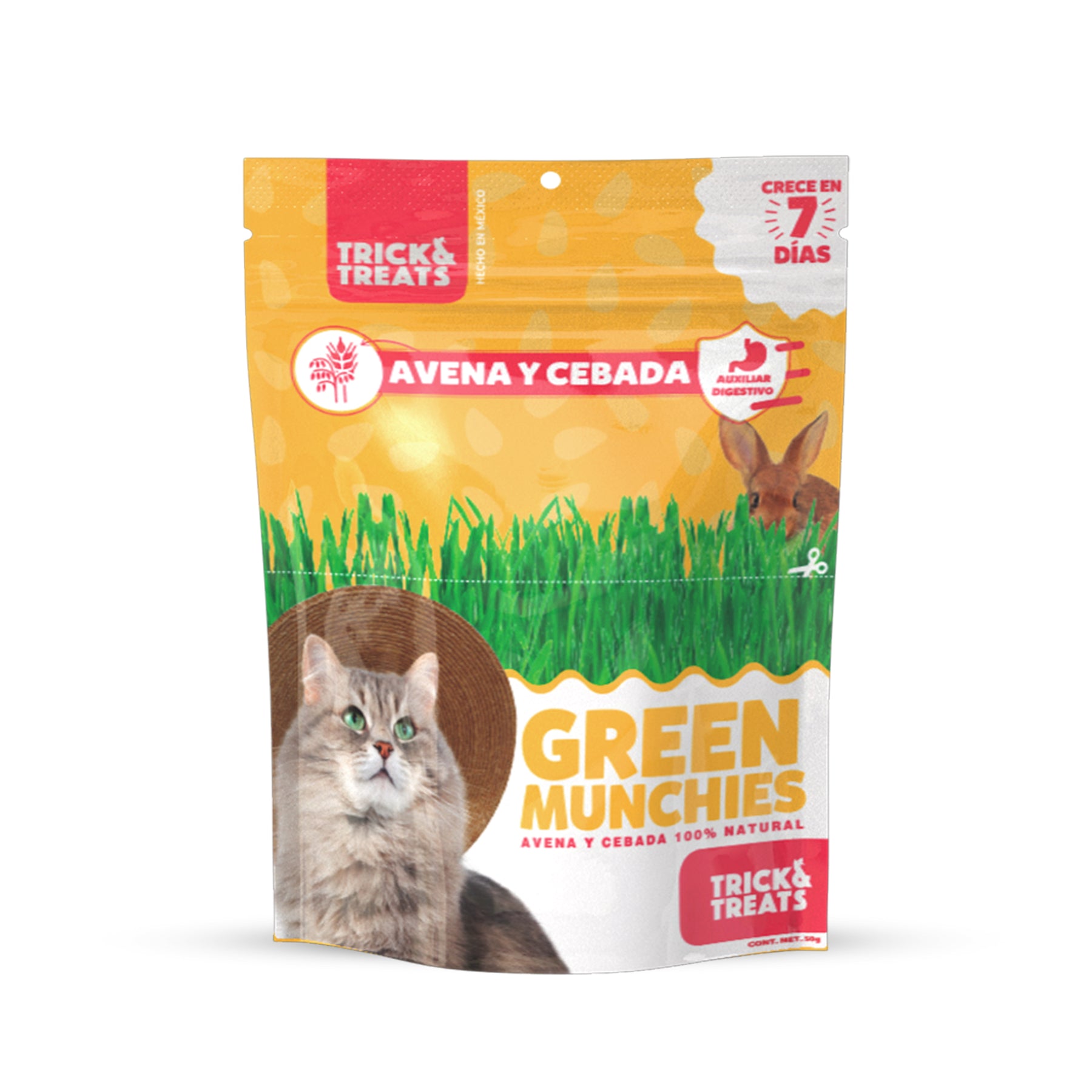 Pasto de Avena y Cebada para gatos Green Munchies Trick & Treats, 100% Natural para consentir y premiar a tu gato, 50 g.