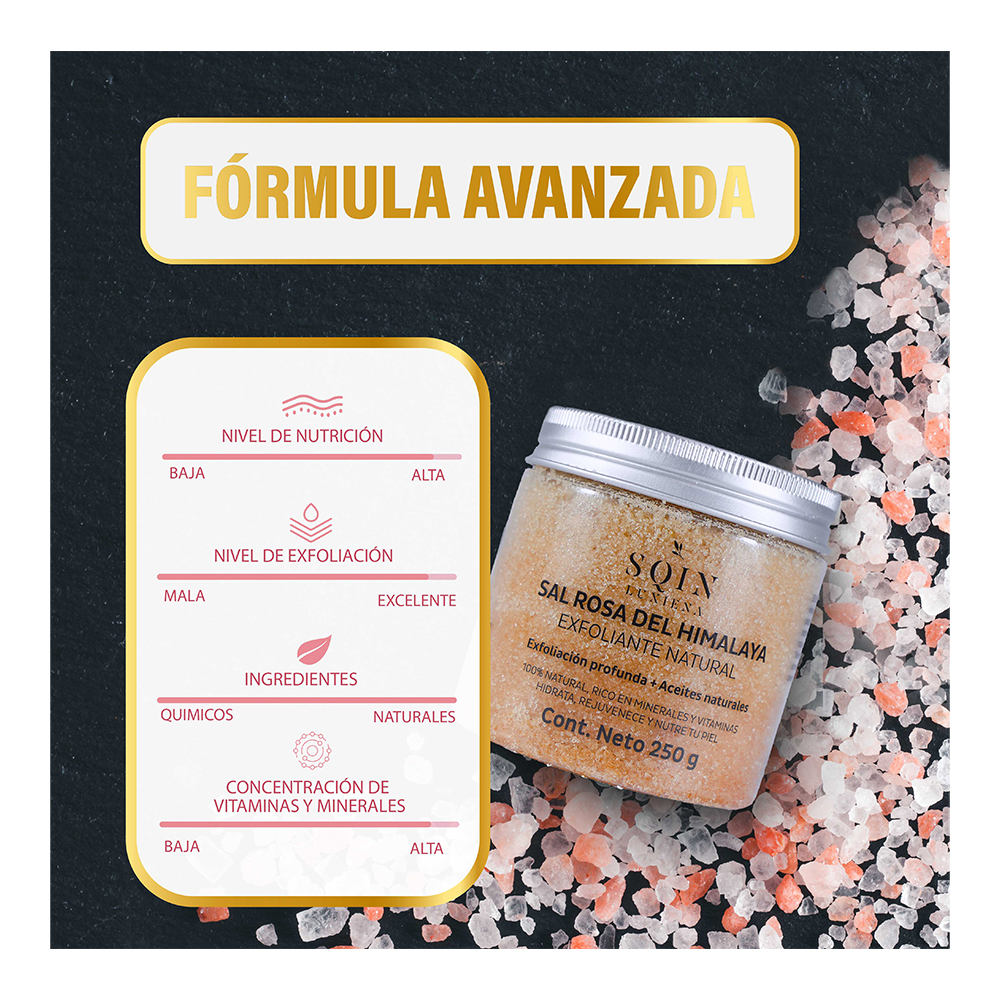 Exfoliante de Sal Rosa del Himalaya, Exfoliación Profunda, Remueve Toxinas, Nutre y Restaura la Piel, Balancea pH. 