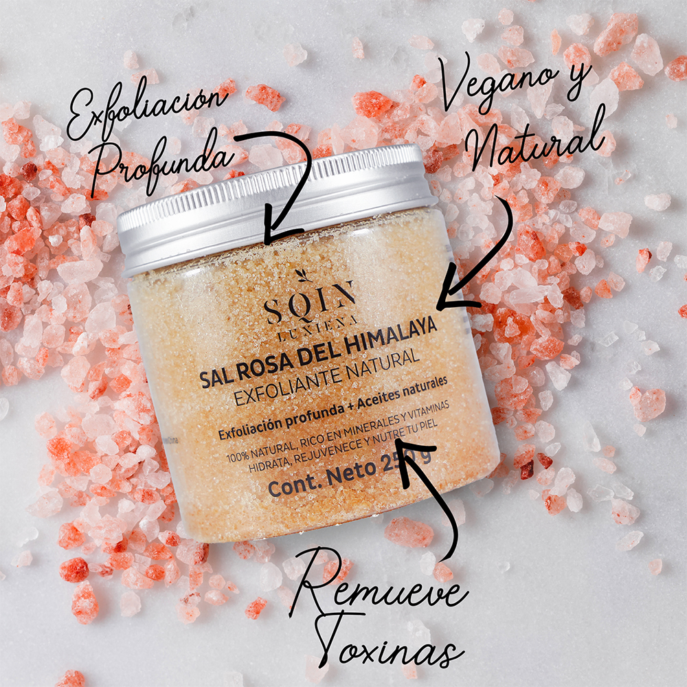 Exfoliante de Sal Rosa del Himalaya, Exfoliación Profunda, Remueve Toxinas, Nutre y Restaura la Piel, Balancea pH. 