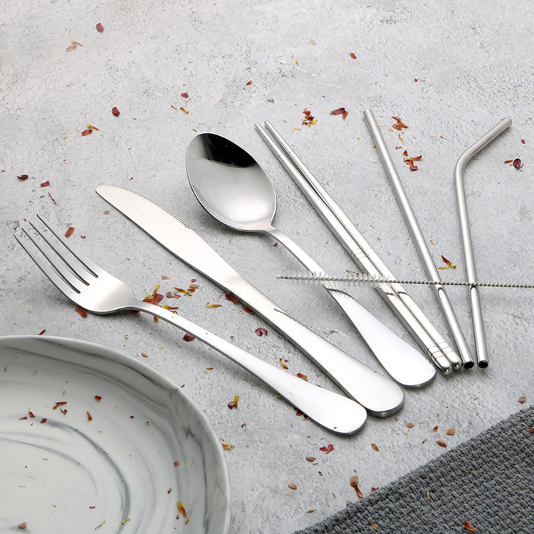 Set de cubiertos portatiles 7 en 1, cubiertos portatiles de acero inoxidable, cubiertos portatiles con estuche