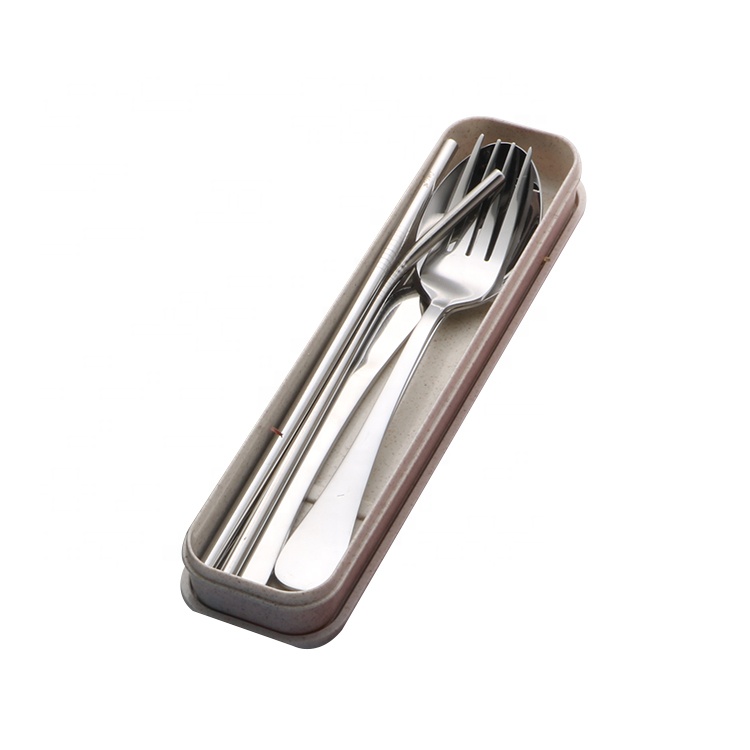 Set de cubiertos portatiles 7 en 1, cubiertos portatiles de acero inoxidable, cubiertos portatiles con estuche