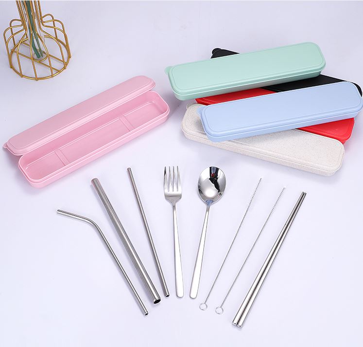 Set de cubiertos portatiles 7 en 1, cubiertos portatiles de acero inoxidable, cubiertos portatiles con estuche