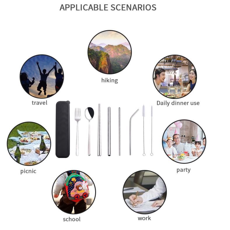 Set de cubiertos portatiles 7 en 1, cubiertos portatiles de acero inoxidable, cubiertos portatiles con estuche