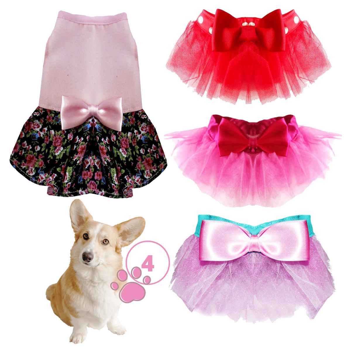 Ropa Para Perros Mascotas, Falda Tutu Para Perros, Vestido de Flores con Tutu, Set de 4 Piezas, Color Rojo, Color Fucsia, Color Rosa Talla M