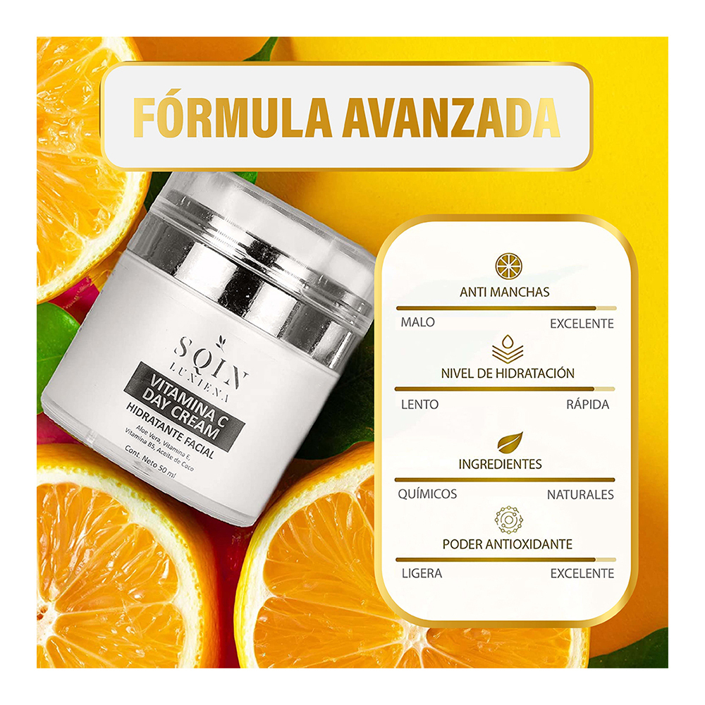 Crema Hidratante Facial Vitamina C y E. Crema Aclarante, Antioxidante y Anti Arrugas, Crema de Día