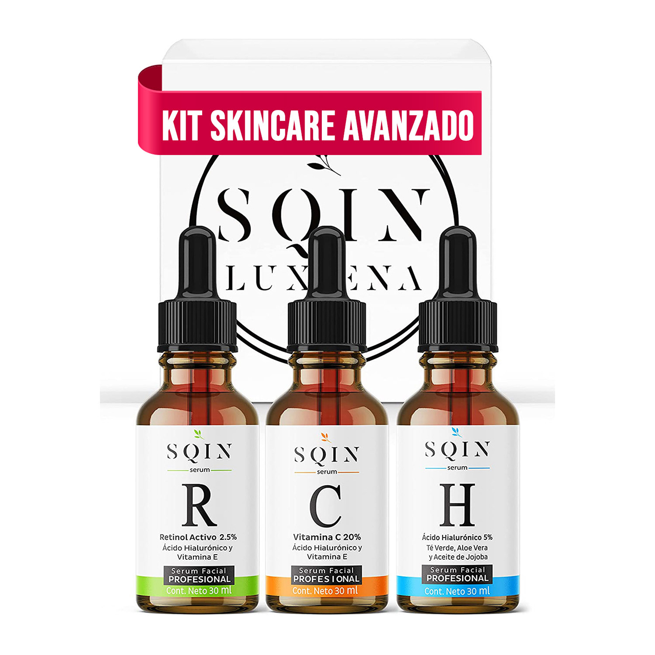 Kit 3 Serums Faciales Día y Noche: Vitamina C 20%, Retinol 2.5%, Ácido Hialurónico Facial 5%.