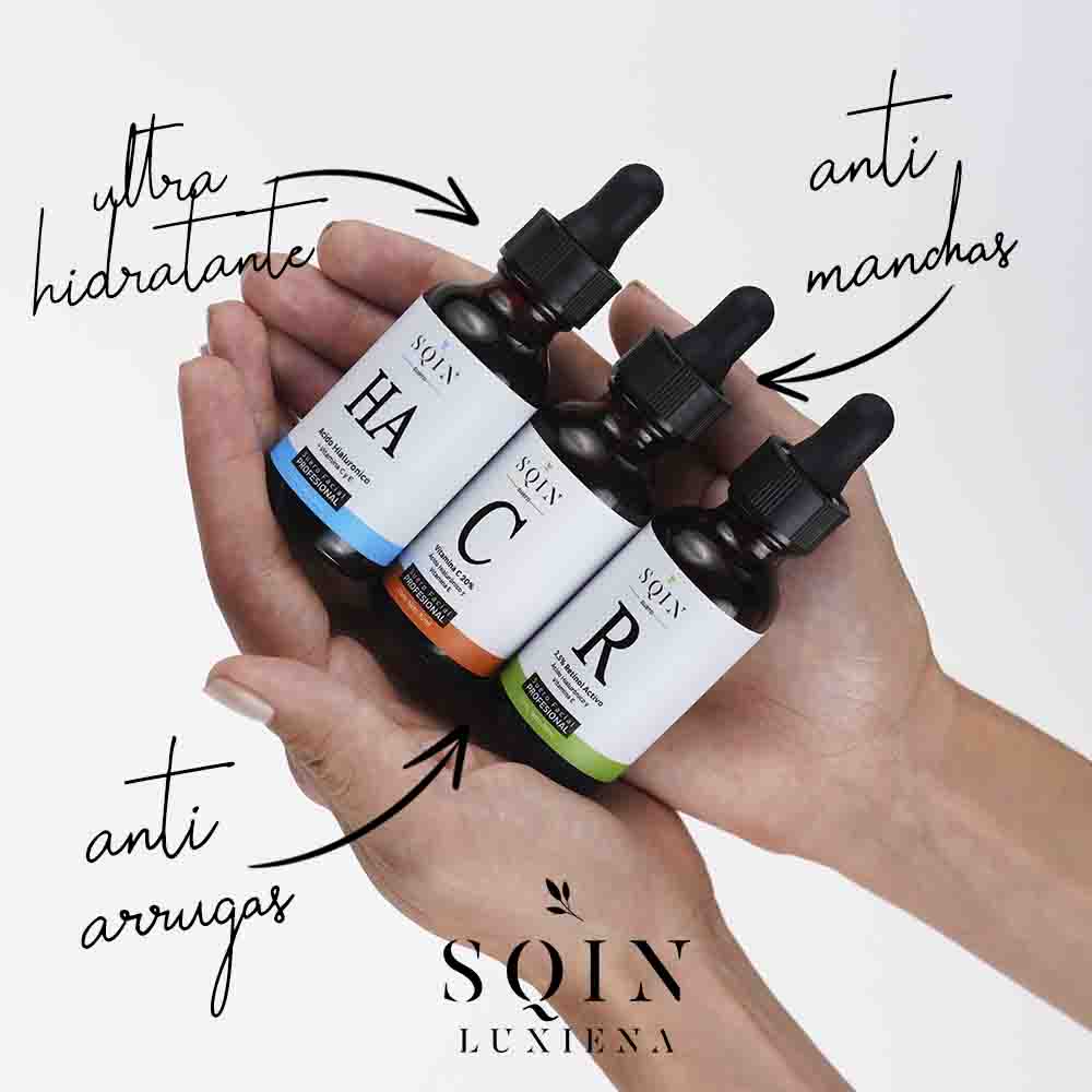Kit 3 Serums Faciales Día y Noche: Vitamina C 20%, Retinol 2.5%, Ácido Hialurónico Facial 5%.