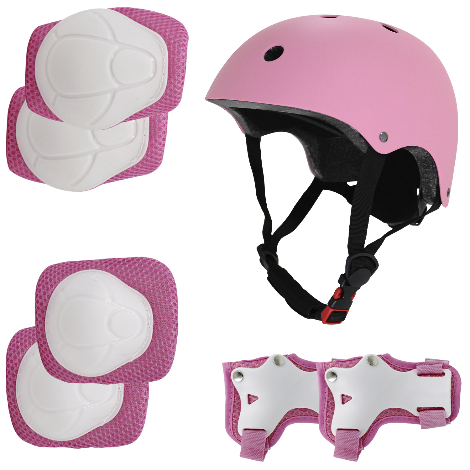 Kit Seguridad Protección Niños Casco Rodilleras Muñequeras Coderas Rosa
